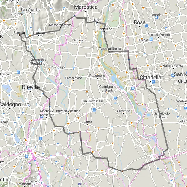 Kartminiatyr av "Breganze til Dueville Road Sykkeltur" sykkelinspirasjon i Veneto, Italy. Generert av Tarmacs.app sykkelrutoplanlegger