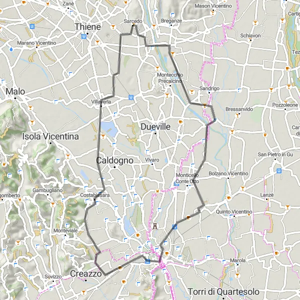 Miniatura della mappa di ispirazione al ciclismo "Paesaggi Vicentini" nella regione di Veneto, Italy. Generata da Tarmacs.app, pianificatore di rotte ciclistiche
