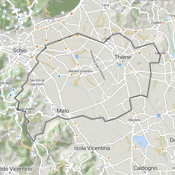 Miniaturní mapa "Okruh kolem Sarceda" inspirace pro cyklisty v oblasti Veneto, Italy. Vytvořeno pomocí plánovače tras Tarmacs.app