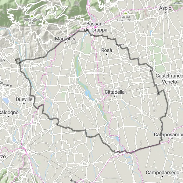 Map miniature of "The Col di Grado Loop" cycling inspiration in Veneto, Italy. Generated by Tarmacs.app cycling route planner