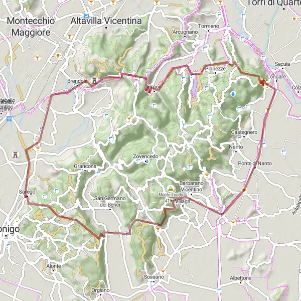 Miniature de la carte de l'inspiration cycliste "Défi montagneux autour de Sarego" dans la Veneto, Italy. Générée par le planificateur d'itinéraire cycliste Tarmacs.app