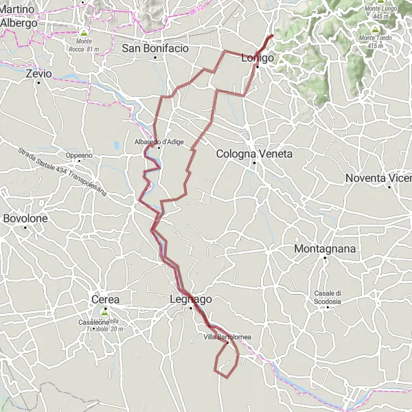 Miniature de la carte de l'inspiration cycliste "Gravel autour de Sarego et Lonigo" dans la Veneto, Italy. Générée par le planificateur d'itinéraire cycliste Tarmacs.app