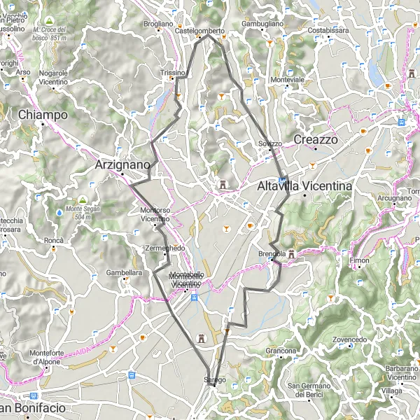 Karten-Miniaturansicht der Radinspiration "Kurvenreiche Strecke von Montorso Vicentino nach Sarego" in Veneto, Italy. Erstellt vom Tarmacs.app-Routenplaner für Radtouren