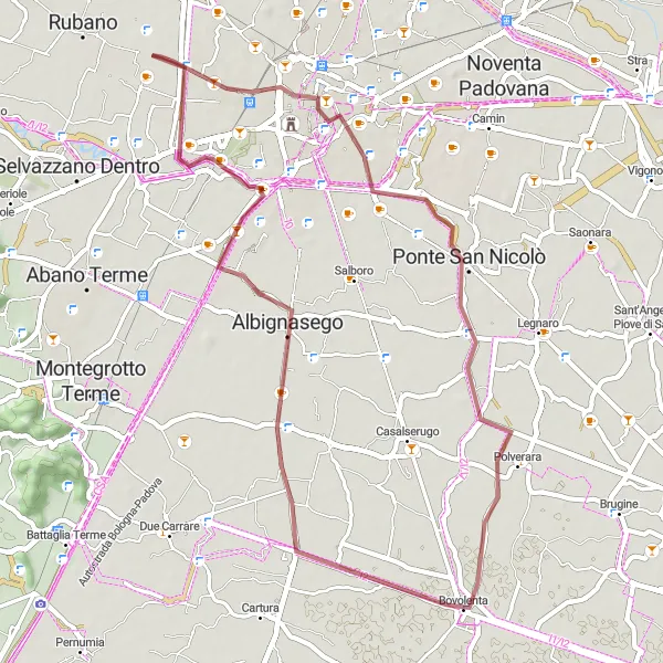 Miniatura della mappa di ispirazione al ciclismo "Giro in mountain bike tra Scuola della Carità, Bovolenta e Sarmeola" nella regione di Veneto, Italy. Generata da Tarmacs.app, pianificatore di rotte ciclistiche