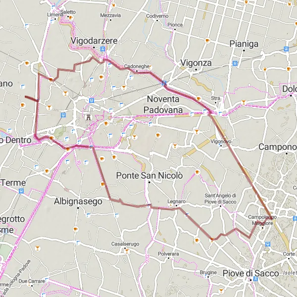 Mapa miniatúra "Gravel cyklistická trasa po Campolongo Maggiore" cyklistická inšpirácia v Veneto, Italy. Vygenerované cyklistickým plánovačom trás Tarmacs.app