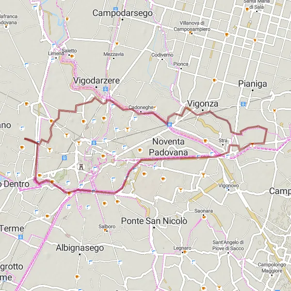 Miniatua del mapa de inspiración ciclista "Ruta de ciclismo de grava cerca de Sarmeola" en Veneto, Italy. Generado por Tarmacs.app planificador de rutas ciclistas