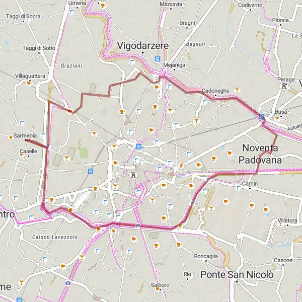 Miniaturní mapa "Gravel okruh kolem Sarmeola - Terranegra - Paltana - Brentelle di Sopra" inspirace pro cyklisty v oblasti Veneto, Italy. Vytvořeno pomocí plánovače tras Tarmacs.app