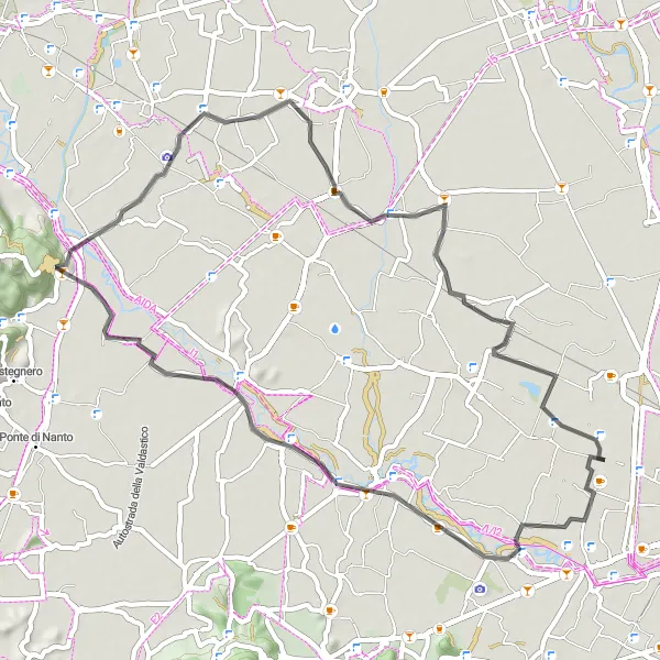 Zemljevid v pomanjšavi "Krožna cestna pot prek Saccolonga in Campodora" kolesarske inspiracije v Veneto, Italy. Generirano z načrtovalcem kolesarskih poti Tarmacs.app