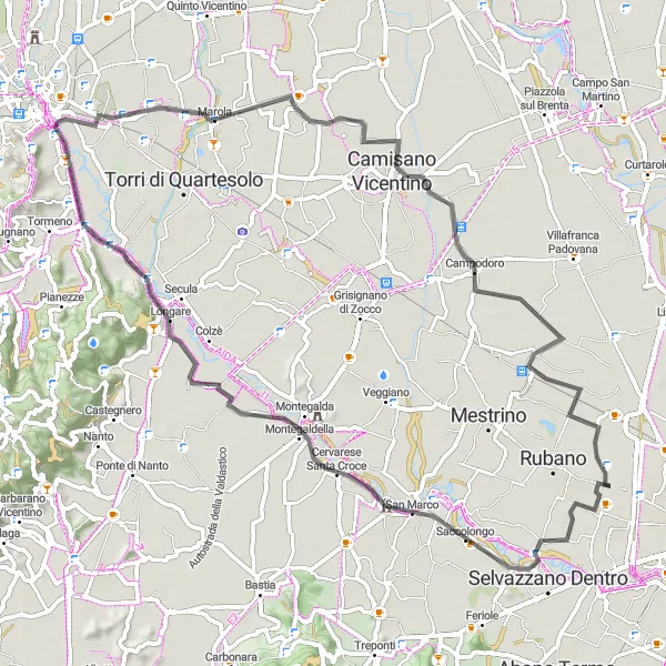 Miniatua del mapa de inspiración ciclista "Ruta por Carreteras de Saccolongo a Ronchi di Campanile" en Veneto, Italy. Generado por Tarmacs.app planificador de rutas ciclistas
