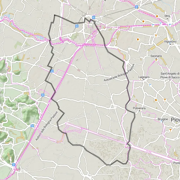 Zemljevid v pomanjšavi "Raznolika cestna pot prek Bovolente in Due Carrare" kolesarske inspiracije v Veneto, Italy. Generirano z načrtovalcem kolesarskih poti Tarmacs.app