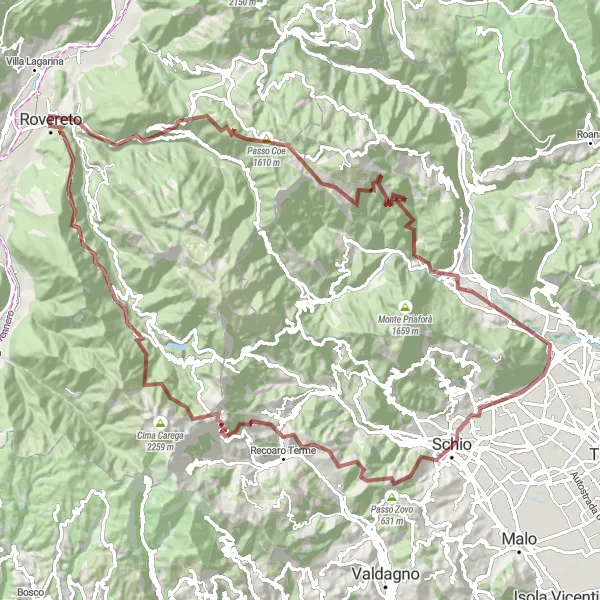 Miniatua del mapa de inspiración ciclista "Desafío Gravel de Passo Coe" en Veneto, Italy. Generado por Tarmacs.app planificador de rutas ciclistas