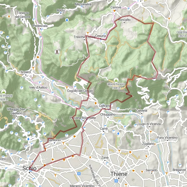 Miniatura della mappa di ispirazione al ciclismo "Esplorazione in bicicletta tra Santorso e Piovene Rocchette" nella regione di Veneto, Italy. Generata da Tarmacs.app, pianificatore di rotte ciclistiche
