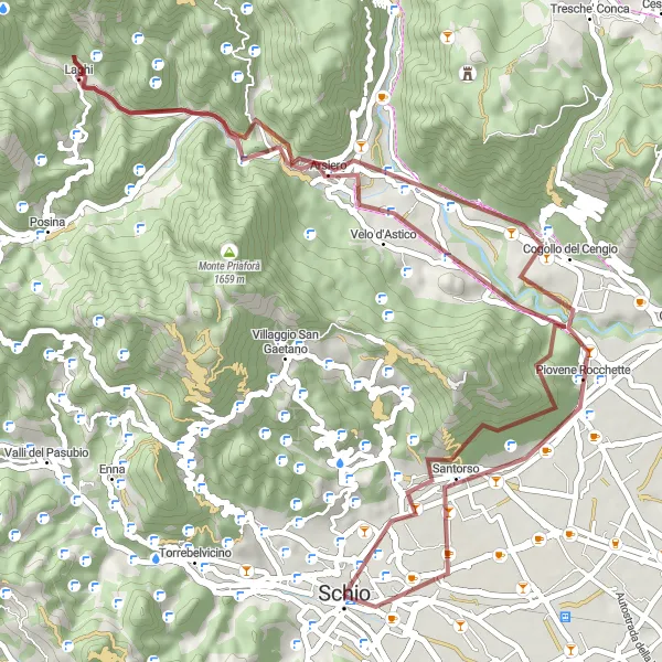 Map miniature of "Gravel ride exploring Schio area" cycling inspiration in Veneto, Italy. Generated by Tarmacs.app cycling route planner