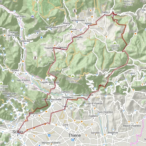 Miniatua del mapa de inspiración ciclista "Ruta de Grava Santorso - Magrè" en Veneto, Italy. Generado por Tarmacs.app planificador de rutas ciclistas