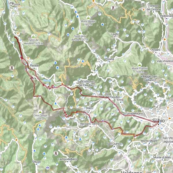 Map miniature of "Challenging gravel ride near Schio" cycling inspiration in Veneto, Italy. Generated by Tarmacs.app cycling route planner