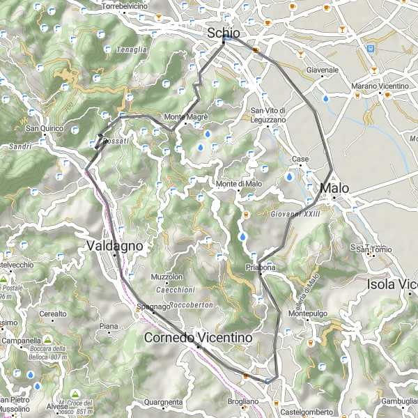 Map miniature of "Malo and Passo Zovo Loop" cycling inspiration in Veneto, Italy. Generated by Tarmacs.app cycling route planner