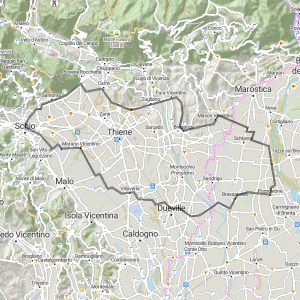 Miniaturekort af cykelinspirationen "Rundtur på landevej gennem Zugliano og Marano Vicentino" i Veneto, Italy. Genereret af Tarmacs.app cykelruteplanlægger