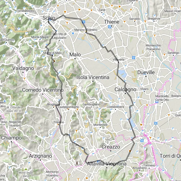 Miniatura della mappa di ispirazione al ciclismo "Giro in bici da Schio a Trissino" nella regione di Veneto, Italy. Generata da Tarmacs.app, pianificatore di rotte ciclistiche