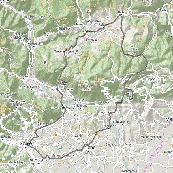 Mapa miniatúra "Road Cycling Adventure - Asiago Hills Circuit" cyklistická inšpirácia v Veneto, Italy. Vygenerované cyklistickým plánovačom trás Tarmacs.app