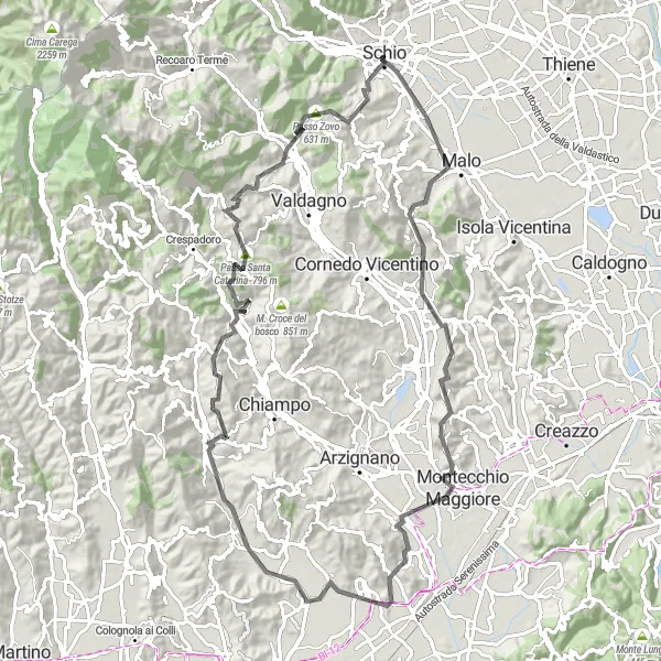 Map miniature of "The Schio Circuit" cycling inspiration in Veneto, Italy. Generated by Tarmacs.app cycling route planner