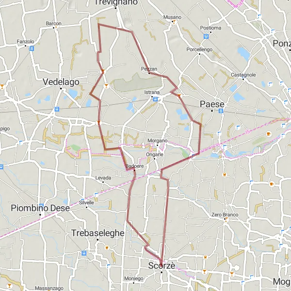 Mapa miniatúra "Gravel okolo Scorzè cez Badoere a Padernello" cyklistická inšpirácia v Veneto, Italy. Vygenerované cyklistickým plánovačom trás Tarmacs.app