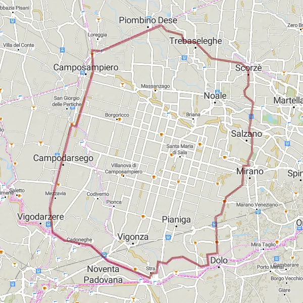 Map miniature of "Gravel Loop through Mirano and Villa Pisani" cycling inspiration in Veneto, Italy. Generated by Tarmacs.app cycling route planner