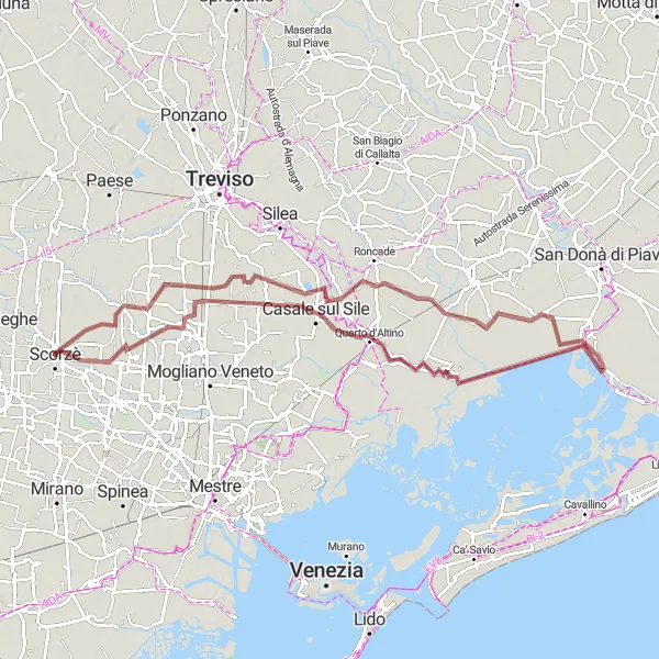 Miniatura della mappa di ispirazione al ciclismo "Percorso in gravel di 93 km vicino a Scorzè" nella regione di Veneto, Italy. Generata da Tarmacs.app, pianificatore di rotte ciclistiche