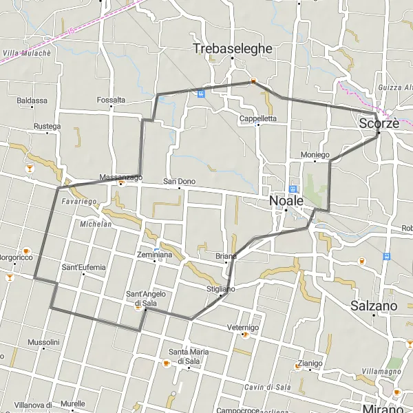 Zemljevid v pomanjšavi "Ravninska cestna pot skozi Noale" kolesarske inspiracije v Veneto, Italy. Generirano z načrtovalcem kolesarskih poti Tarmacs.app