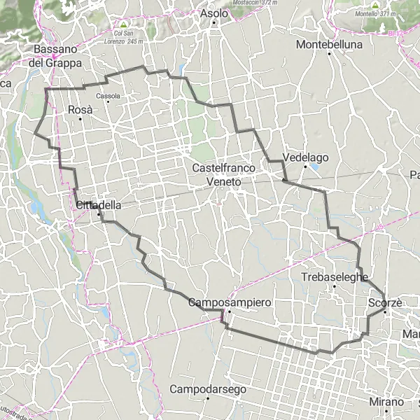 Mapa miniatúra "Cestná trasa do Sant'Ambrogio z Scorzè" cyklistická inšpirácia v Veneto, Italy. Vygenerované cyklistickým plánovačom trás Tarmacs.app