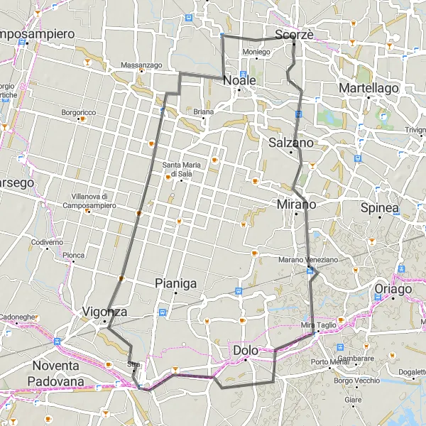 Miniatura mapy "Wycieczka rowerowa przez Mirano i Vigonza" - trasy rowerowej w Veneto, Italy. Wygenerowane przez planer tras rowerowych Tarmacs.app