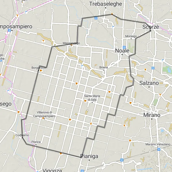 Mapa miniatúra "Krátky výlet na bicykli cez Trebaseleghe" cyklistická inšpirácia v Veneto, Italy. Vygenerované cyklistickým plánovačom trás Tarmacs.app