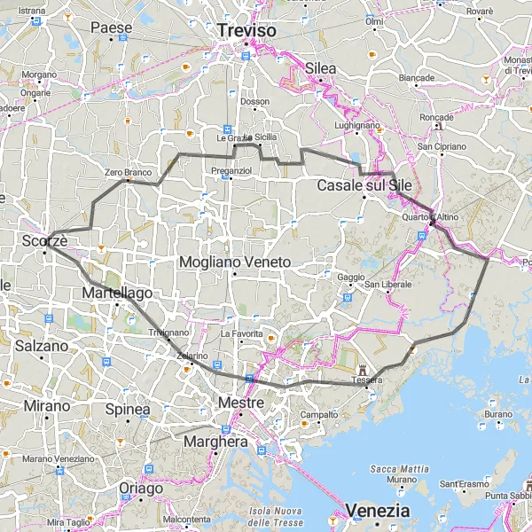 Mapa miniatúra "Cyklistická trasa z Scorzè" cyklistická inšpirácia v Veneto, Italy. Vygenerované cyklistickým plánovačom trás Tarmacs.app