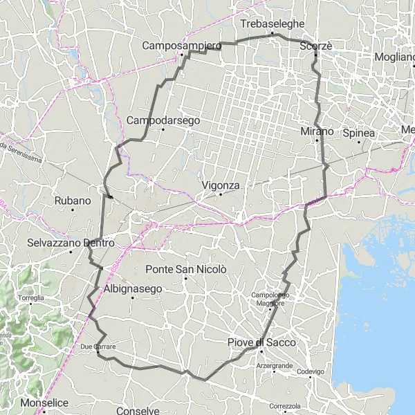Miniaturní mapa "Road trip from Scorzè to Trebaseleghe" inspirace pro cyklisty v oblasti Veneto, Italy. Vytvořeno pomocí plánovače tras Tarmacs.app