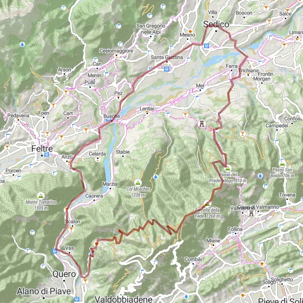 Miniatua del mapa de inspiración ciclista "Ruta de gravilla a Vas" en Veneto, Italy. Generado por Tarmacs.app planificador de rutas ciclistas