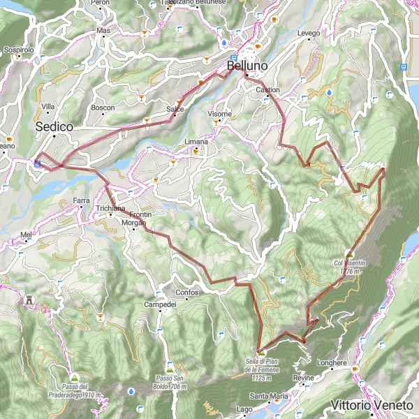 Miniatua del mapa de inspiración ciclista "Aventura en Grava de Nevegal" en Veneto, Italy. Generado por Tarmacs.app planificador de rutas ciclistas