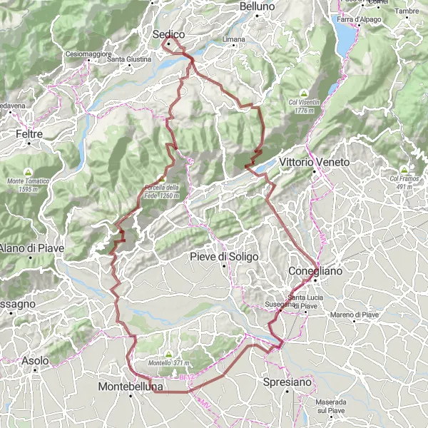 Kartminiatyr av "Monte Frontal til Bribano grusvei sykkelrute" sykkelinspirasjon i Veneto, Italy. Generert av Tarmacs.app sykkelrutoplanlegger