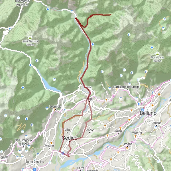Miniaturní mapa "Gravel Cycling Adventure near Sedico" inspirace pro cyklisty v oblasti Veneto, Italy. Vytvořeno pomocí plánovače tras Tarmacs.app