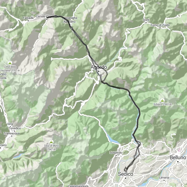 Map miniature of "Picturesque Road Cycling Loop from Sedico" cycling inspiration in Veneto, Italy. Generated by Tarmacs.app cycling route planner