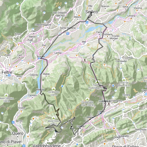 Kartminiatyr av "Road Cycling till Follina och Monte Cimon" cykelinspiration i Veneto, Italy. Genererad av Tarmacs.app cykelruttplanerare