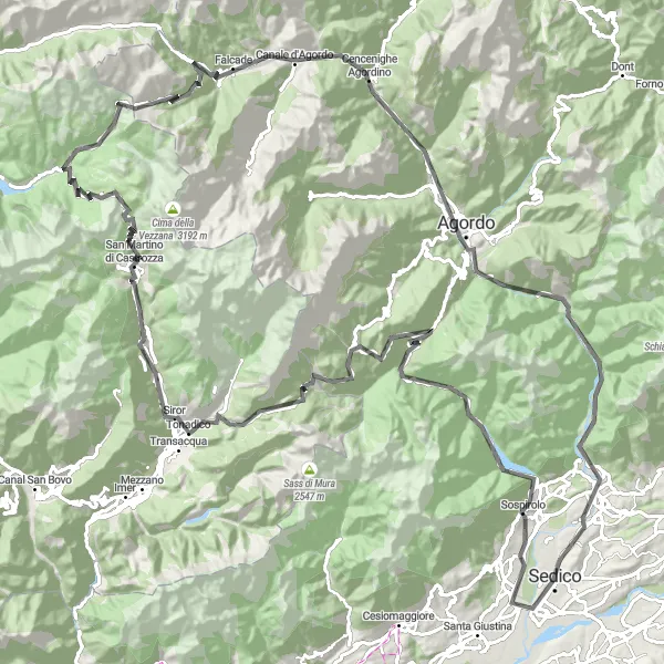 Miniatua del mapa de inspiración ciclista "Ruta de Ciclismo de Carretera desde Sedico a través de Monte Sperone y Passo Valles" en Veneto, Italy. Generado por Tarmacs.app planificador de rutas ciclistas