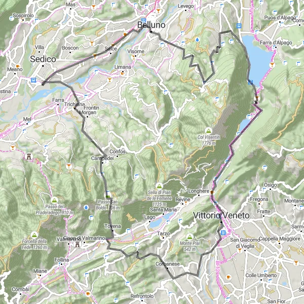 Miniature de la carte de l'inspiration cycliste "Tour escarpé à travers les montagnes de Veneto" dans la Veneto, Italy. Générée par le planificateur d'itinéraire cycliste Tarmacs.app