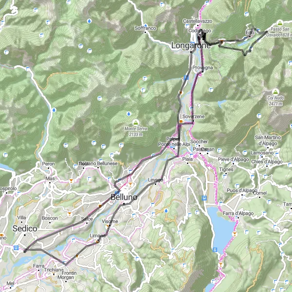 Miniatura mapy "Przejażdżka szosą z Sedico do Belluno" - trasy rowerowej w Veneto, Italy. Wygenerowane przez planer tras rowerowych Tarmacs.app