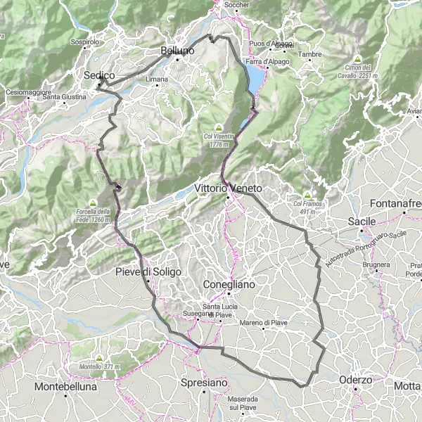 Map miniature of "Road Cycling Adventure from Sedico to Col de Moi" cycling inspiration in Veneto, Italy. Generated by Tarmacs.app cycling route planner