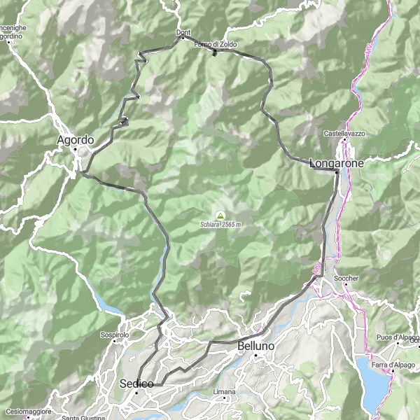Miniaturní mapa "Sedico - Longarone" inspirace pro cyklisty v oblasti Veneto, Italy. Vytvořeno pomocí plánovače tras Tarmacs.app