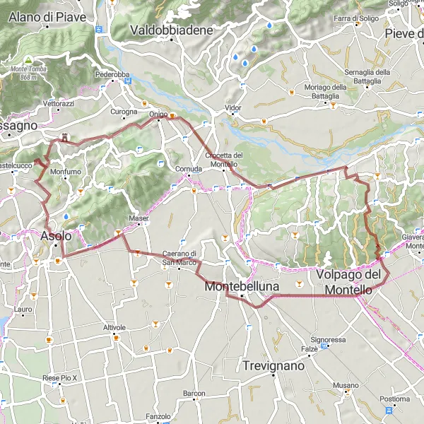 Kartminiatyr av "Grusvei eventyr gjennom Asolo" sykkelinspirasjon i Veneto, Italy. Generert av Tarmacs.app sykkelrutoplanlegger