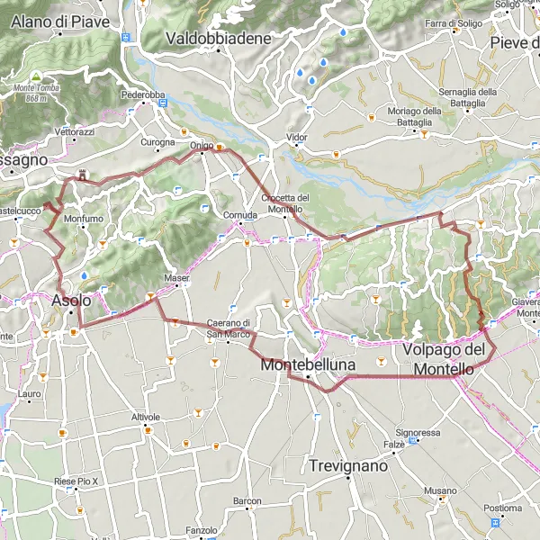 Miniatura della mappa di ispirazione al ciclismo "Giro in Gravel tra Caerano di San Marco e Ciano del Montello" nella regione di Veneto, Italy. Generata da Tarmacs.app, pianificatore di rotte ciclistiche