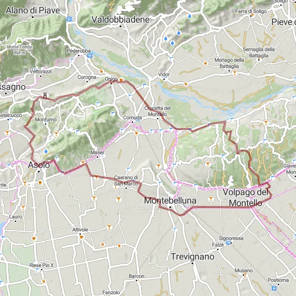 Map miniature of "A Gravel Adventure in Montello" cycling inspiration in Veneto, Italy. Generated by Tarmacs.app cycling route planner
