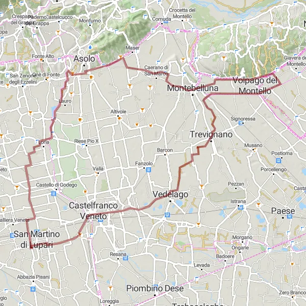 Miniatua del mapa de inspiración ciclista "Ruta de gravilla a Volpago del Montello" en Veneto, Italy. Generado por Tarmacs.app planificador de rutas ciclistas