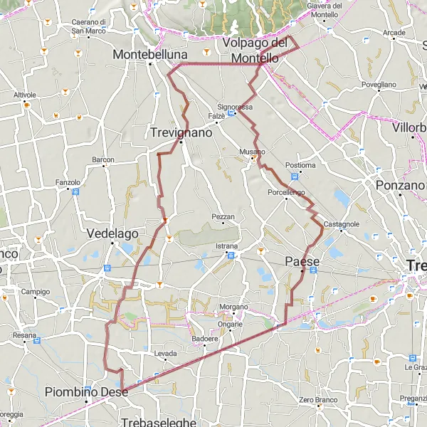 Mapa miniatúra "Gravelová trasa cez Signoressa" cyklistická inšpirácia v Veneto, Italy. Vygenerované cyklistickým plánovačom trás Tarmacs.app