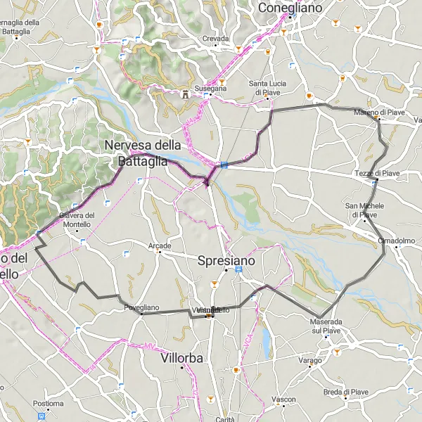 Miniatua del mapa de inspiración ciclista "Ruta en carretera a Nervesa della Battaglia" en Veneto, Italy. Generado por Tarmacs.app planificador de rutas ciclistas